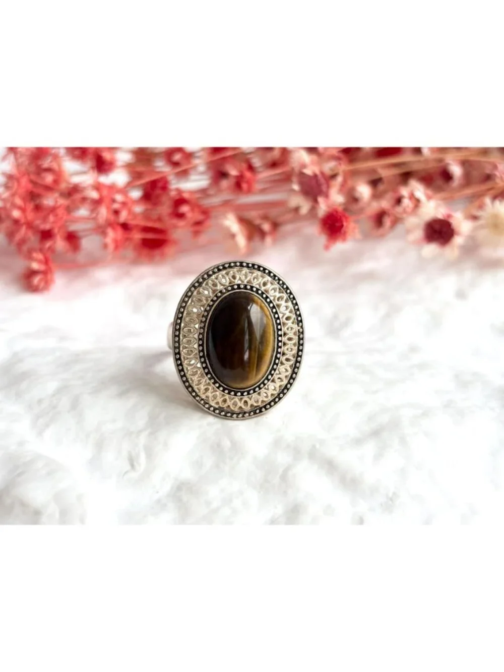 Genuine Tiger's Eye Gemstone Filigree Sterling Silver 925 Vintage Ring - sz 8